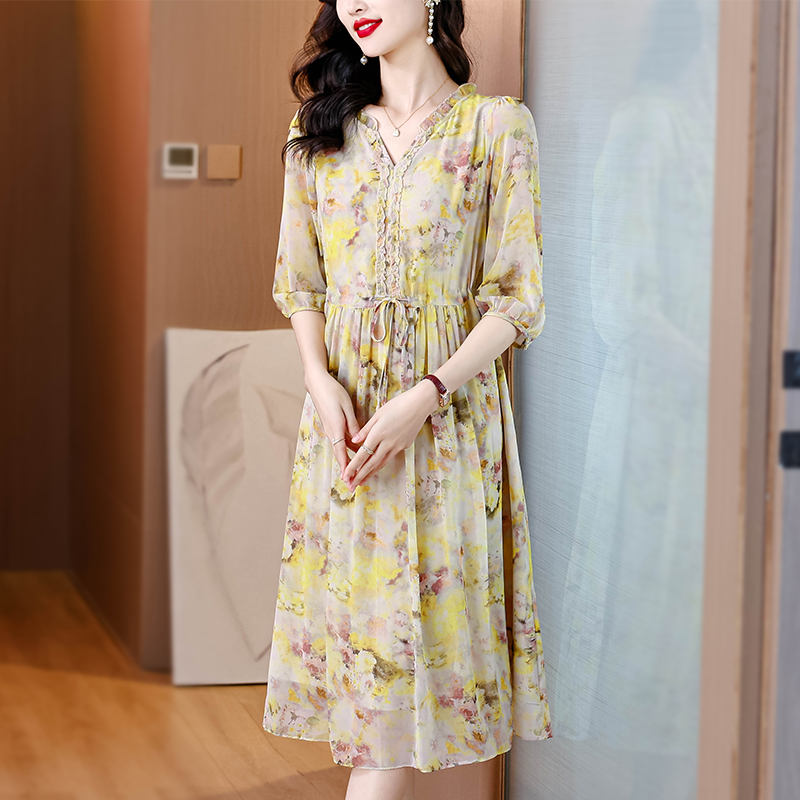 Large yard summer V-neck pinched waist real silk dress