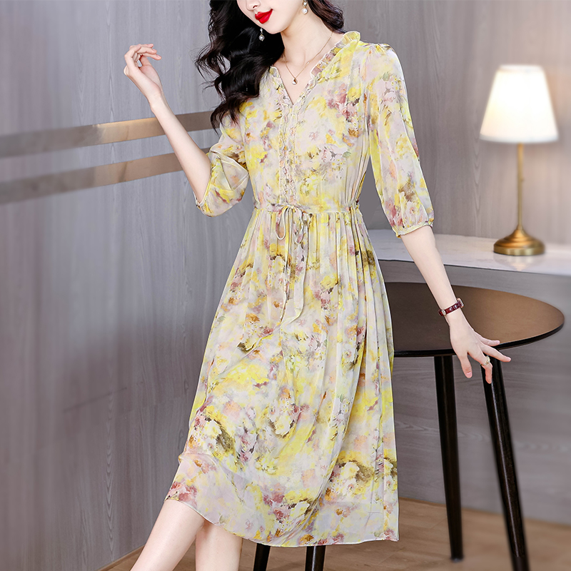 Large yard summer V-neck pinched waist real silk dress