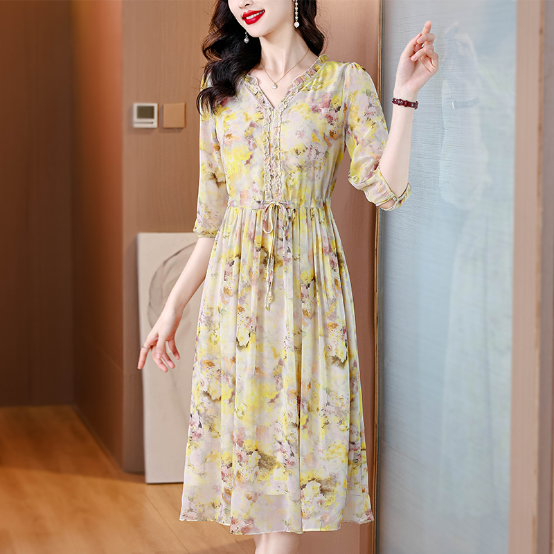 Large yard summer V-neck pinched waist real silk dress