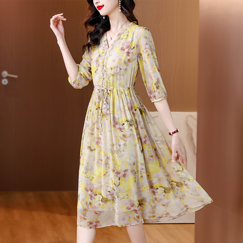 Large yard summer V-neck pinched waist real silk dress