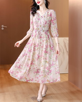 Real silk floral summer dress tender refinement long dress