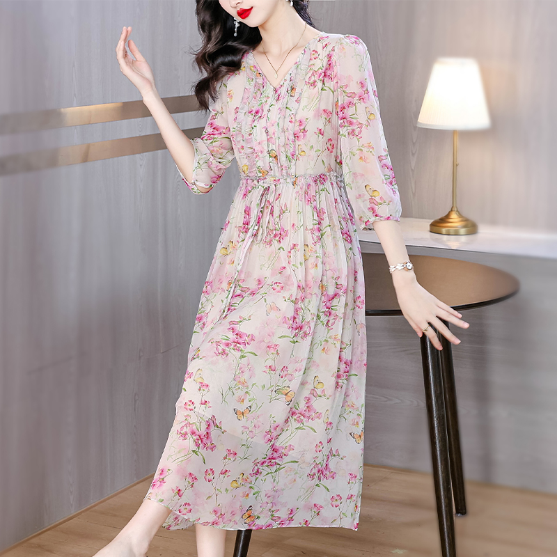 Real silk floral summer dress tender refinement long dress