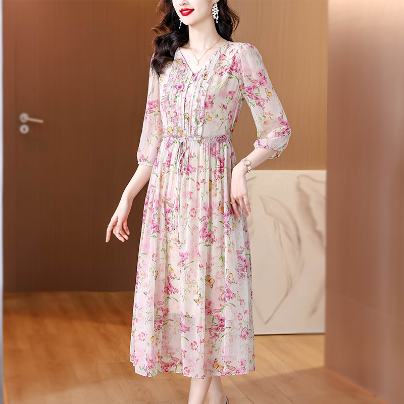 Real silk floral summer dress tender refinement long dress