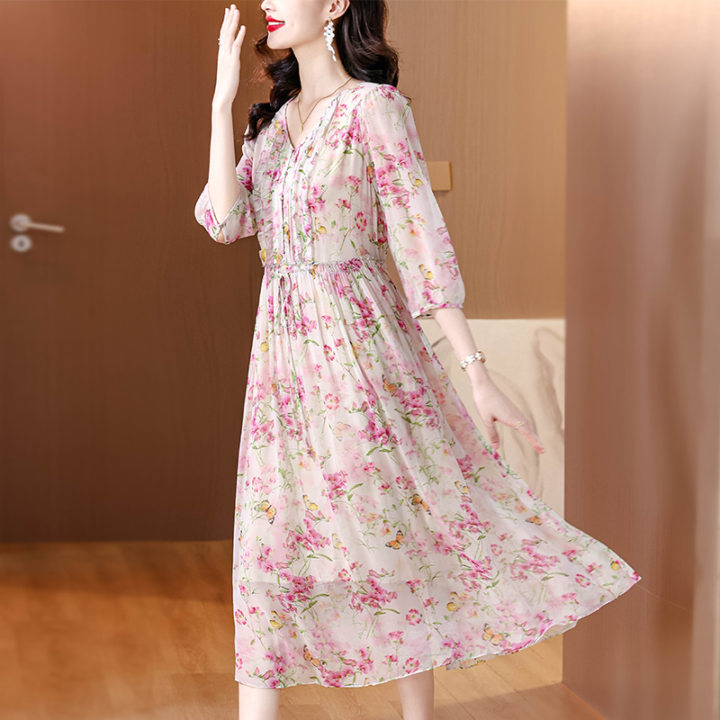 Real silk floral summer dress tender refinement long dress