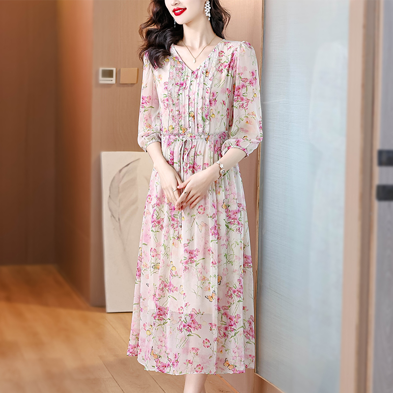 Real silk floral summer dress tender refinement long dress