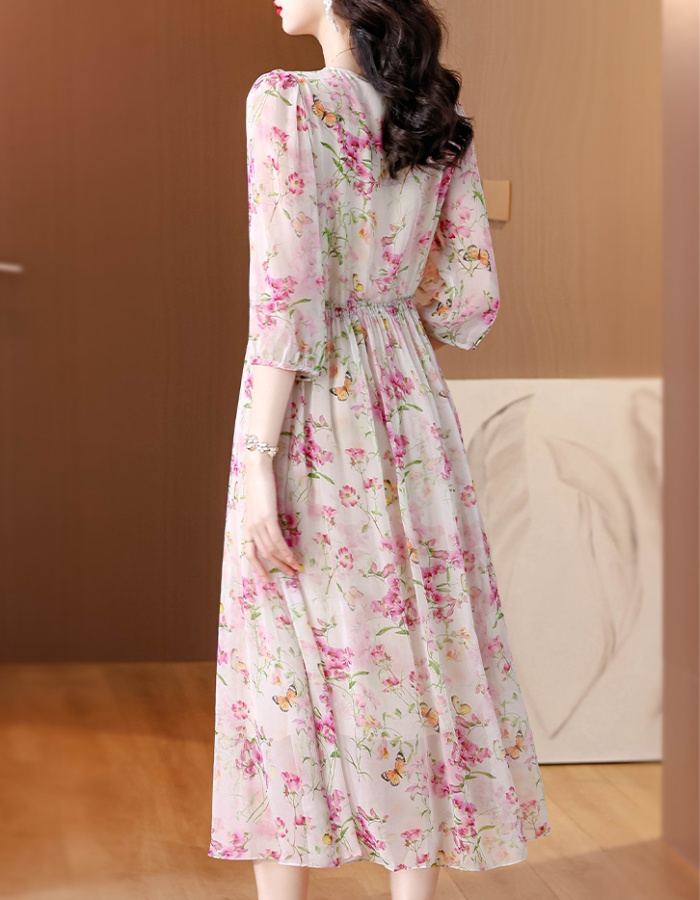 Real silk floral summer dress tender refinement long dress