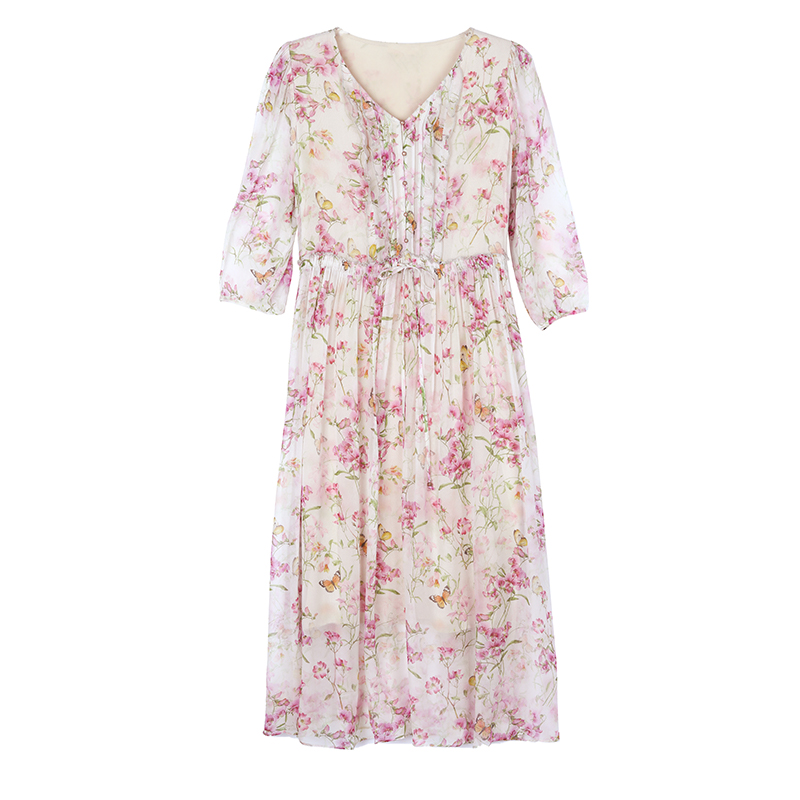 Real silk floral summer dress tender refinement long dress