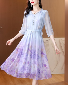 Lady France style floral silk summer temperament tender dress