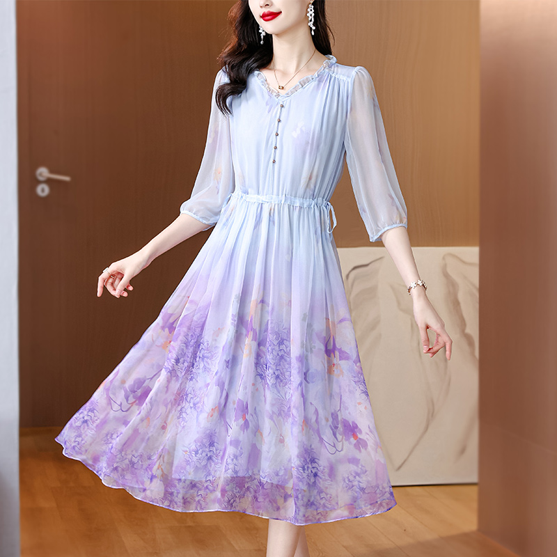 Lady France style floral silk summer temperament tender dress