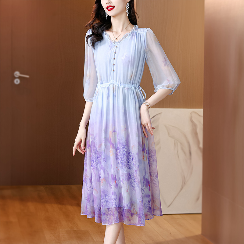 Lady France style floral silk summer temperament tender dress