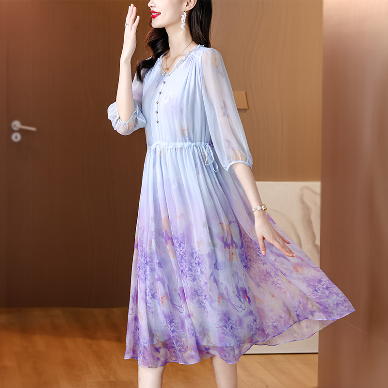 Lady France style floral silk summer temperament tender dress