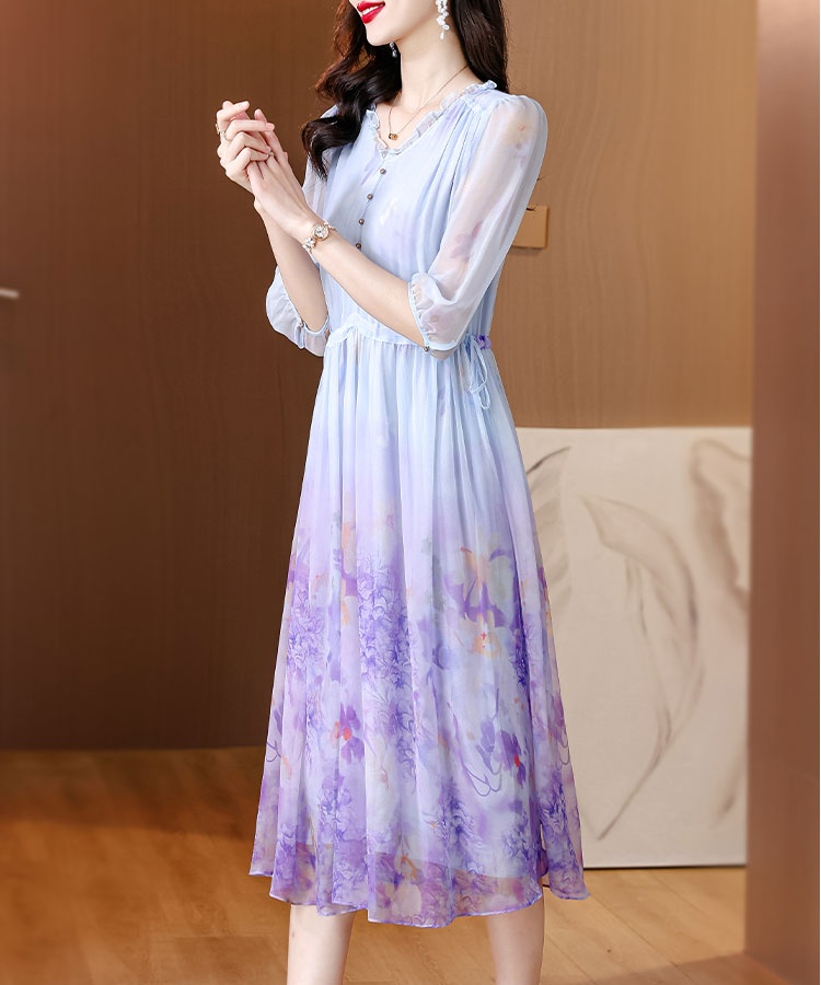 Lady France style floral silk summer temperament tender dress