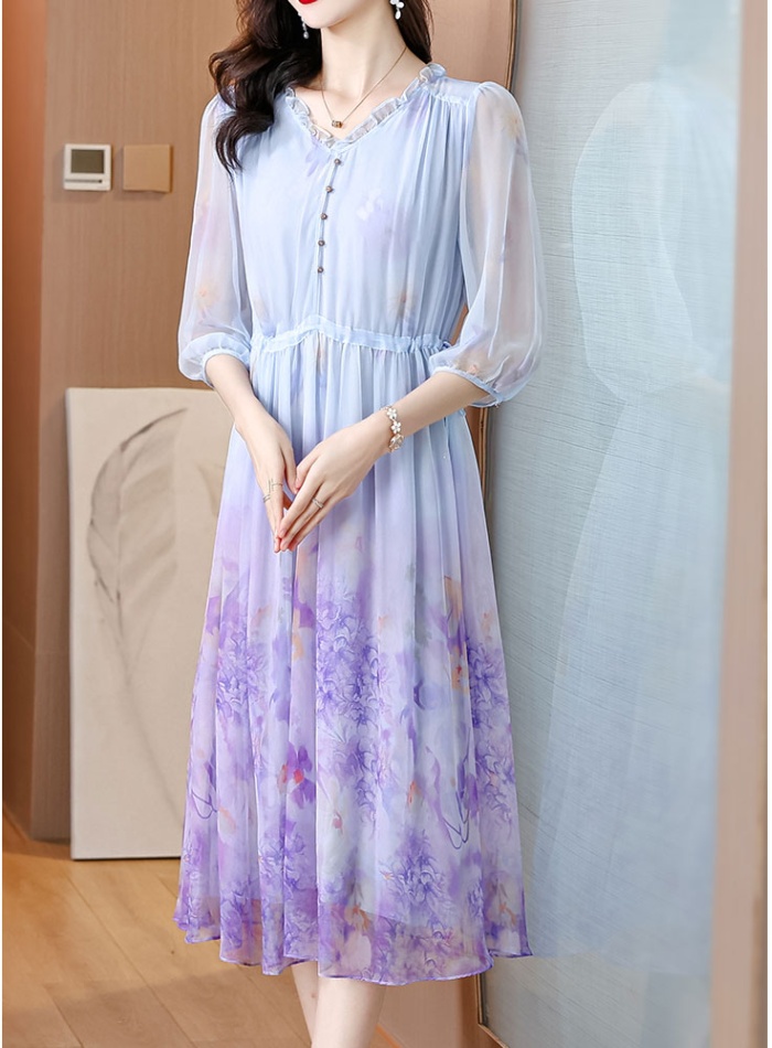 Lady France style floral silk summer temperament tender dress