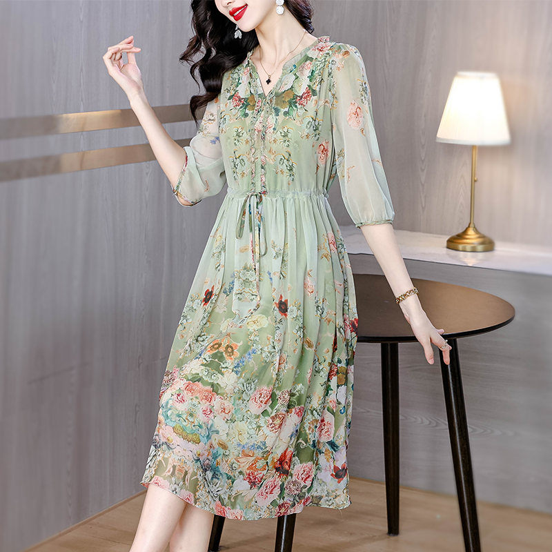 France style pinched waist floral big skirt dress