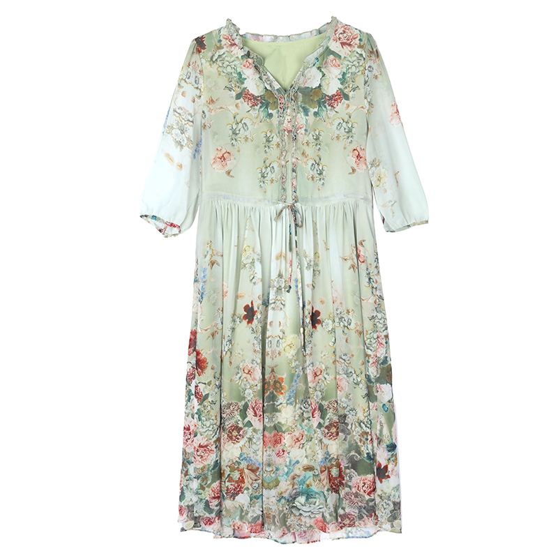 France style pinched waist floral big skirt dress