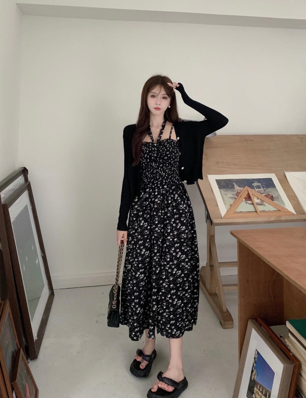 Floral black cardigan ice silk strap dress 2pcs set