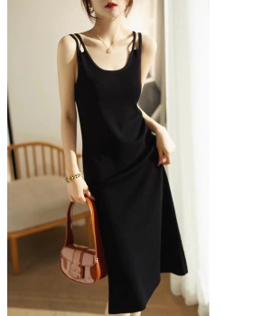 Knitted long strap dress black sleeveless dress for women