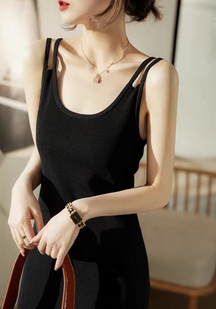 Knitted long strap dress black sleeveless dress for women