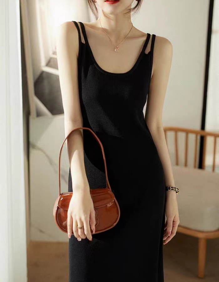 Knitted long strap dress black sleeveless dress for women