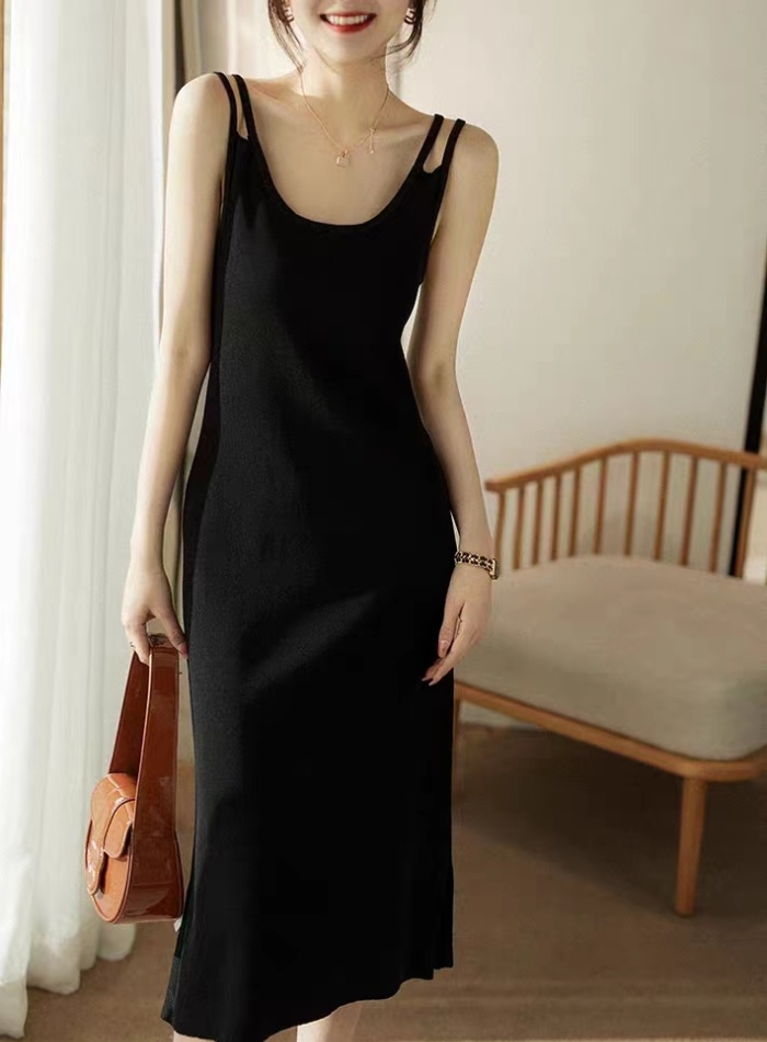 Knitted long strap dress black sleeveless dress for women