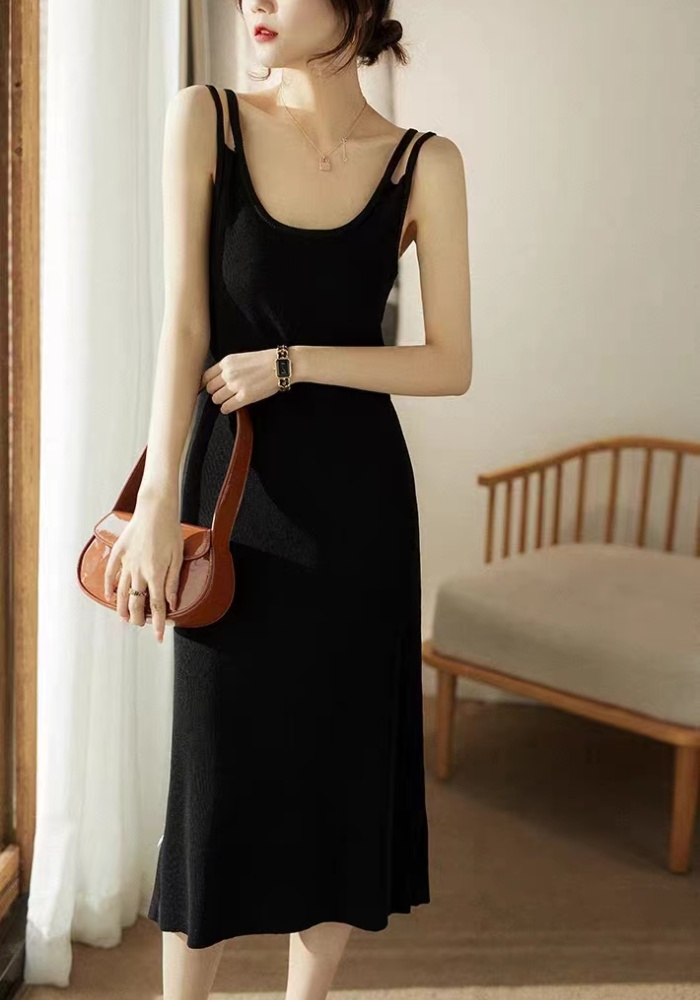 Knitted long strap dress black sleeveless dress for women