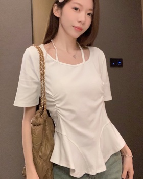 Niche pinched waist tops summer halter T-shirt for women