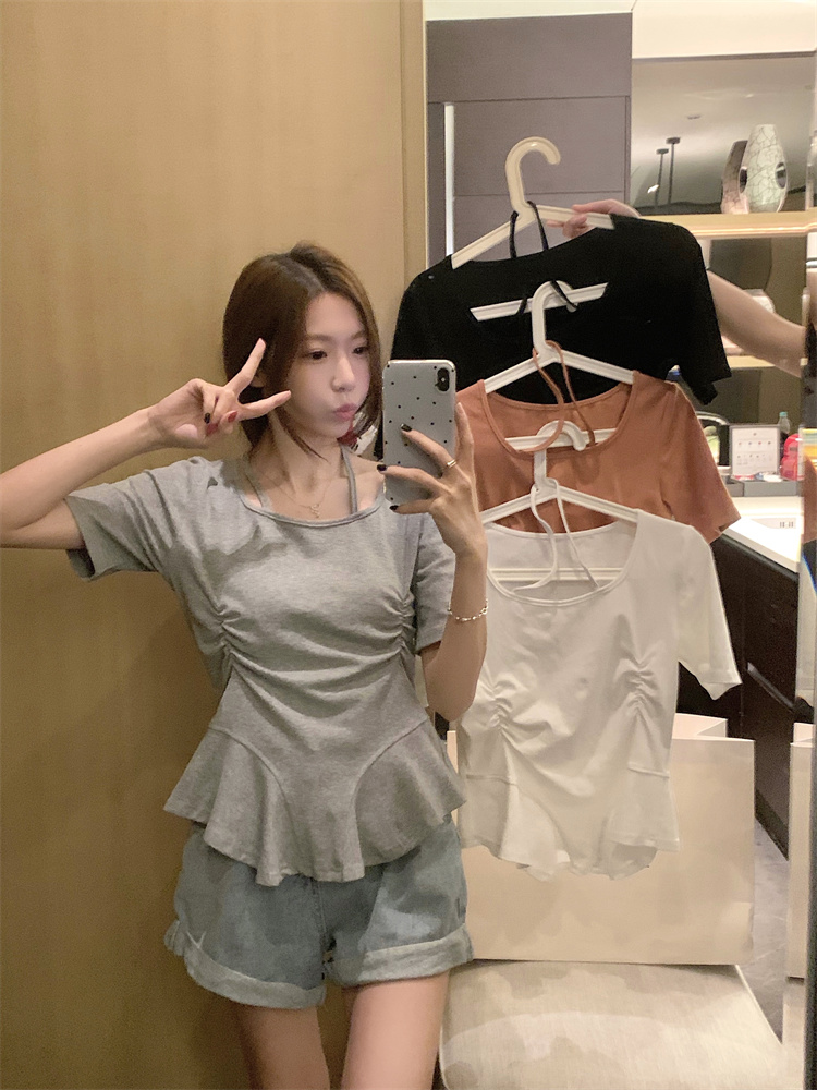 Niche pinched waist tops summer halter T-shirt for women