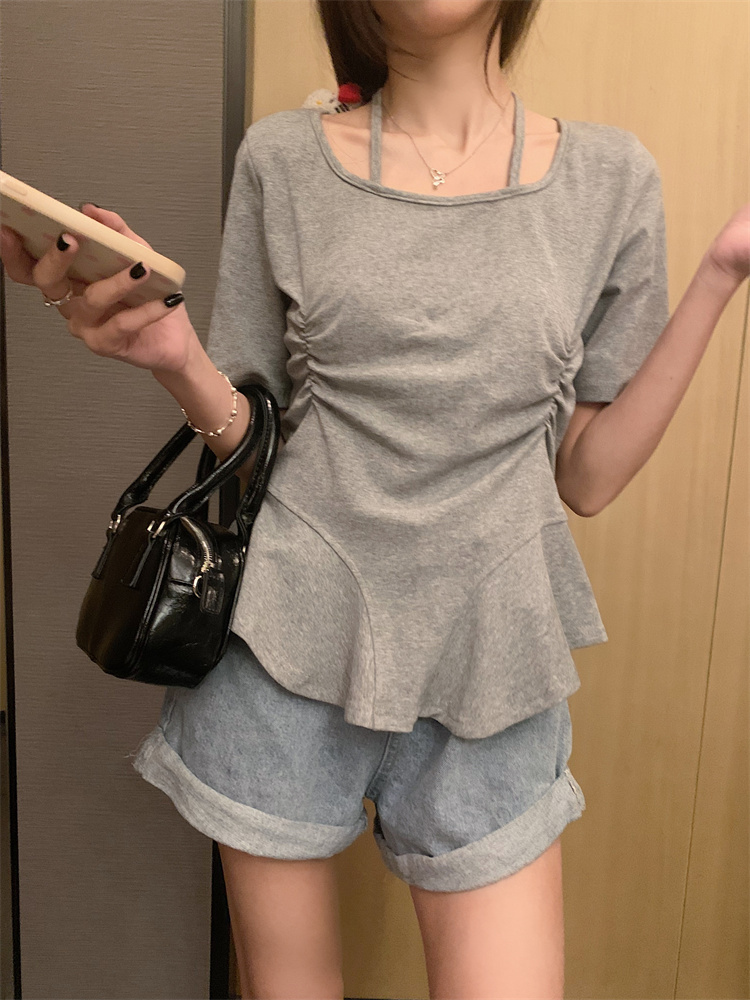 Niche pinched waist tops summer halter T-shirt for women