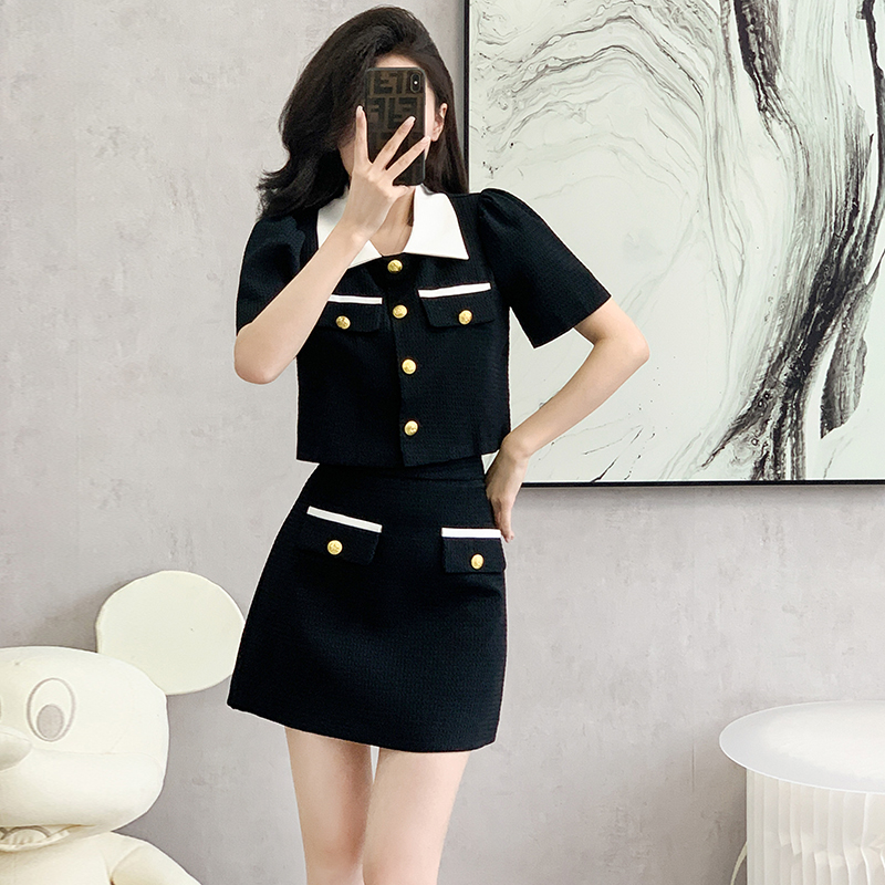 Splice chanelstyle short skirt slim summer tops 2pcs set