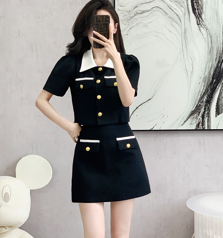 Splice chanelstyle short skirt slim summer tops 2pcs set