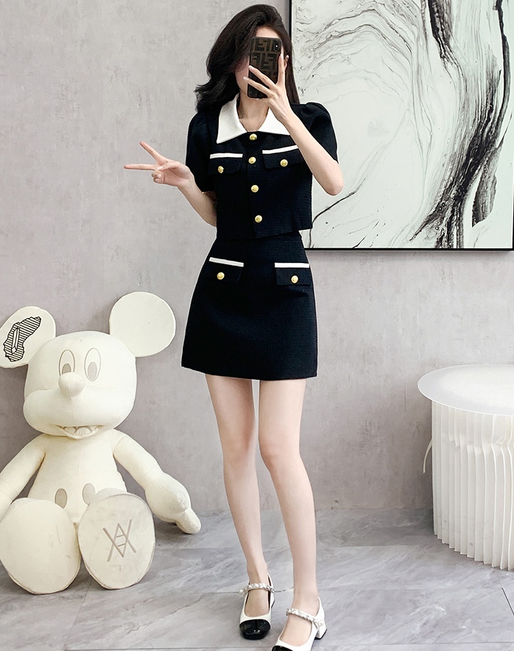 Splice chanelstyle short skirt slim summer tops 2pcs set