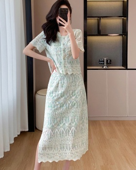 Splice embroidery chanelstyle printing lace skirt 2pcs set