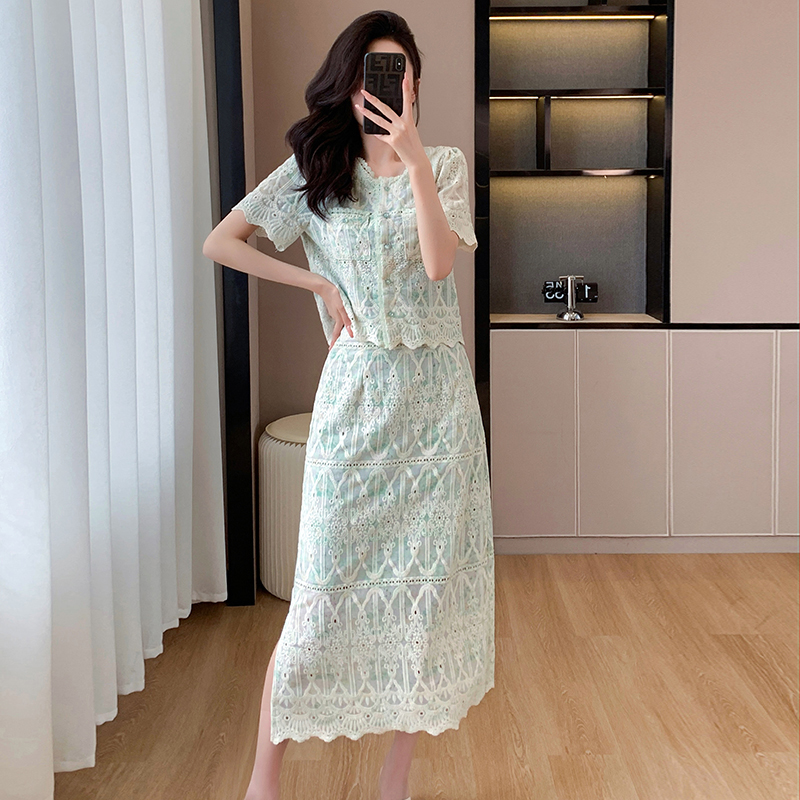 Splice embroidery chanelstyle printing lace skirt 2pcs set