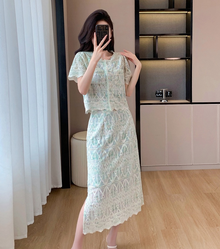 Splice embroidery chanelstyle printing lace skirt 2pcs set