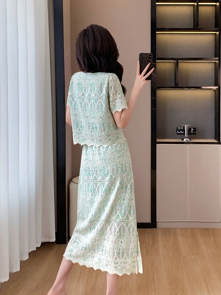 Splice embroidery chanelstyle printing lace skirt 2pcs set