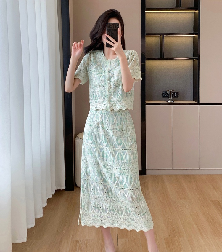 Splice embroidery chanelstyle printing lace skirt 2pcs set