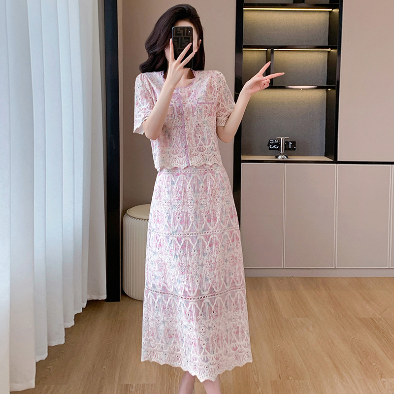 Splice embroidery chanelstyle printing lace skirt 2pcs set