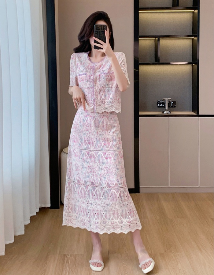 Splice embroidery chanelstyle printing lace skirt 2pcs set