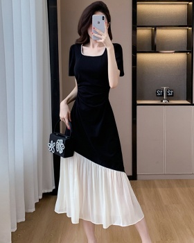 Splice big skirt summer square collar irregular pearl dress