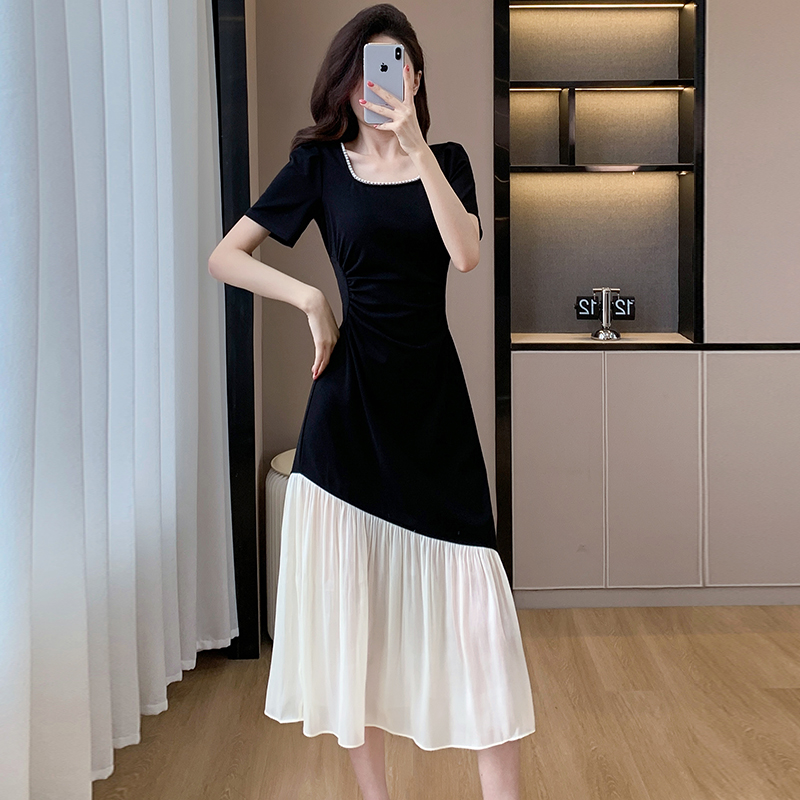 Splice big skirt summer square collar irregular pearl dress