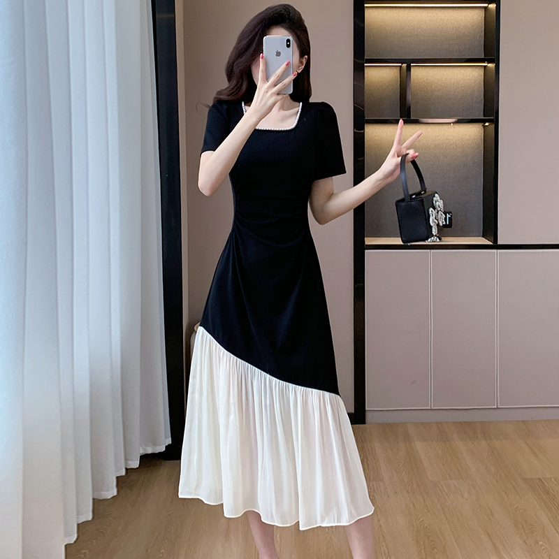 Splice big skirt summer square collar irregular pearl dress