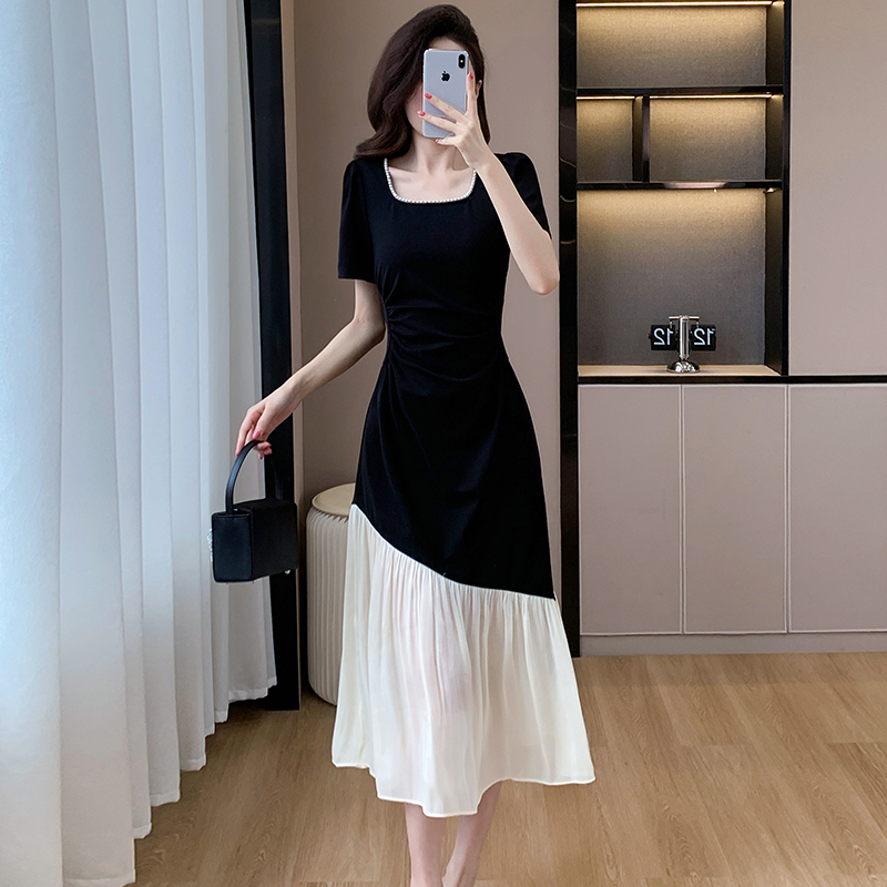 Splice big skirt summer square collar irregular pearl dress