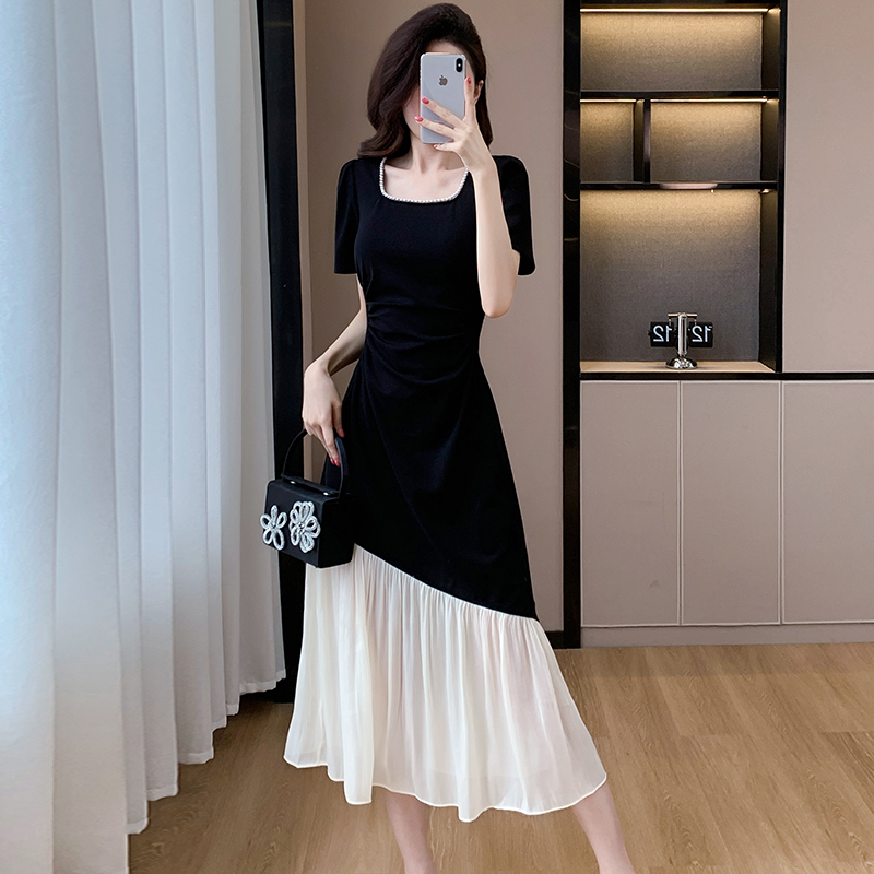 Splice big skirt summer square collar irregular pearl dress