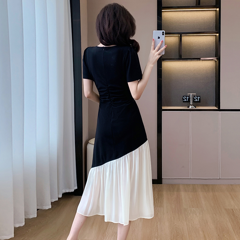 Splice big skirt summer square collar irregular pearl dress