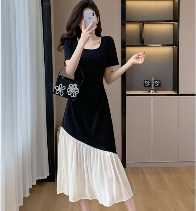 Splice big skirt summer square collar irregular pearl dress