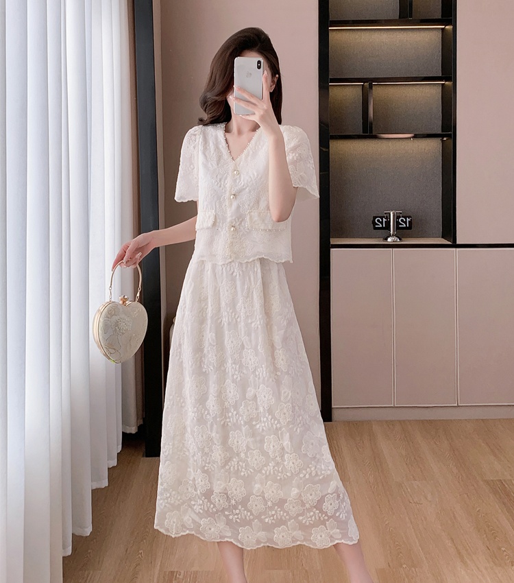 Pearl chanelstyle skirt sweet fashion tops 2pcs set