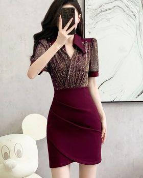 Ladies V-neck sequins package hip temperament dress