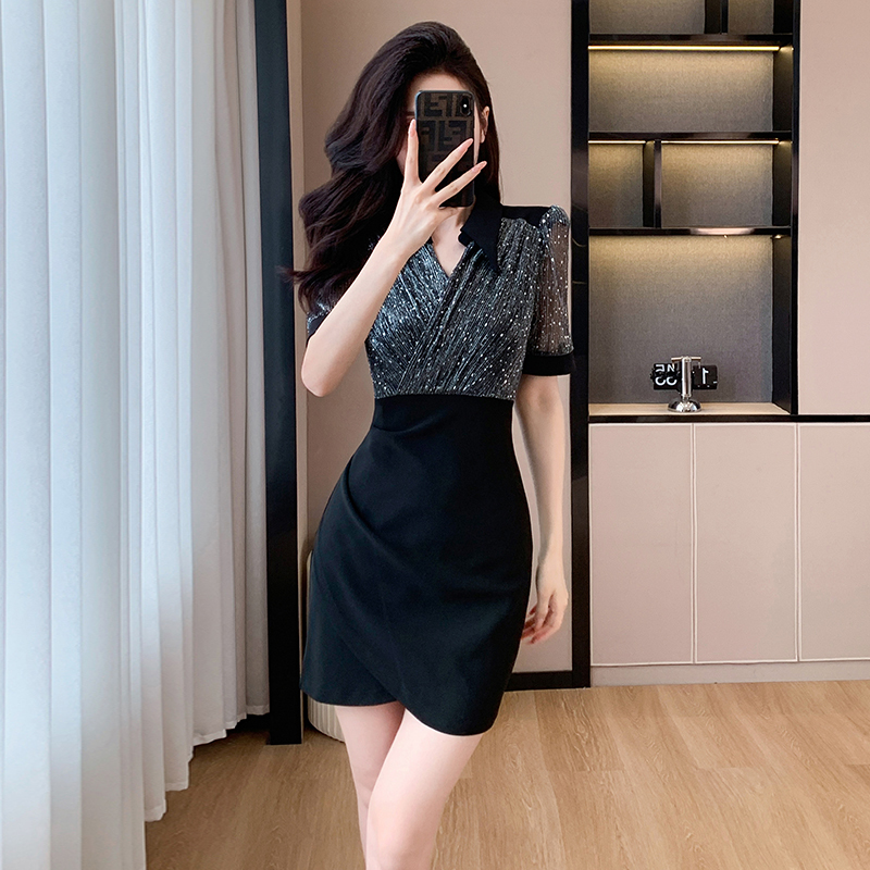 Ladies V-neck sequins package hip temperament dress