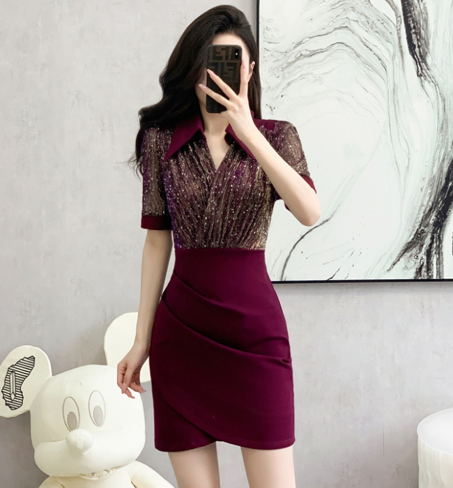 Ladies V-neck sequins package hip temperament dress