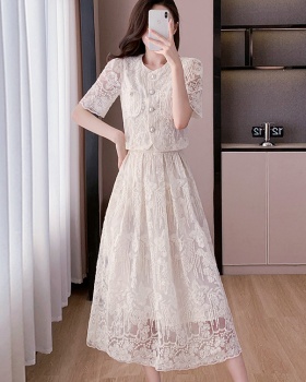 Lace embroidery elegant summer skirt 2pcs set